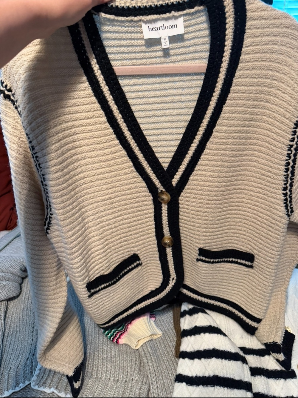 Heartloom Cream Cardigan with Black Trim and Gold Buttons